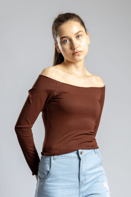 Off-Shoulder Full Sleeve Babylock Top for Women Choco Brown