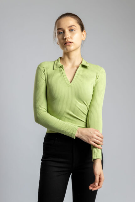 Polo Neck Full Sleeve Cropped Top for Women